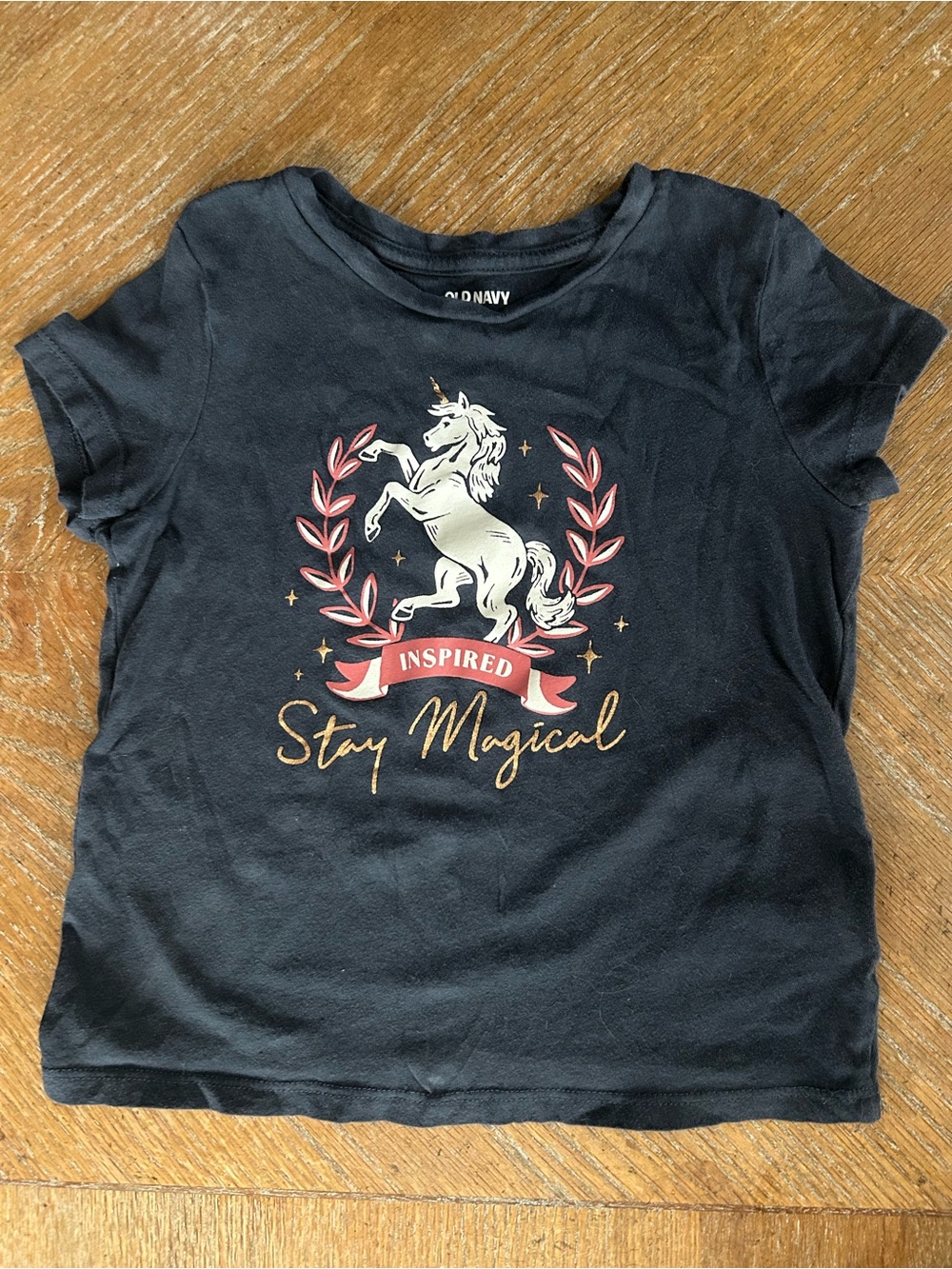 Old Navy Black Tee with White Unicorn and Gold Script